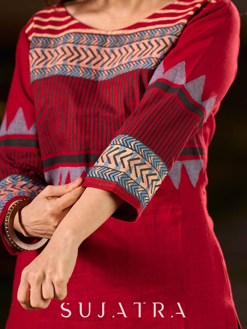 Timeless Maroon Cotton Hand Block Printed Kurta with Geometric Patterns And Structured Silhouette