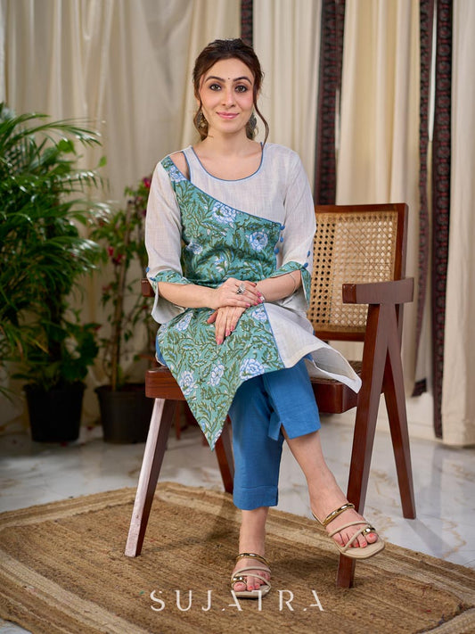 Breezy White Cotton Kurta with Green Floral Hand Block Print Asymmetric Panel and Cold Shoulder Accent
