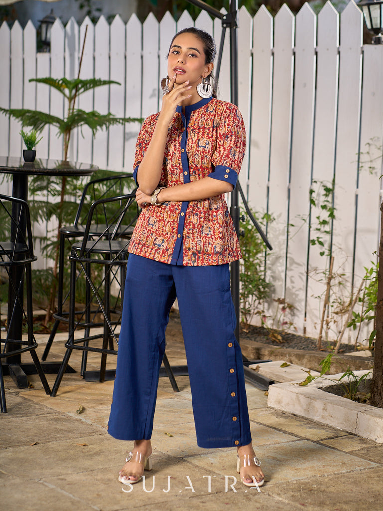 Maroon Handcrafted Kalamkari Print Cotton Shirt with Blue Highlights