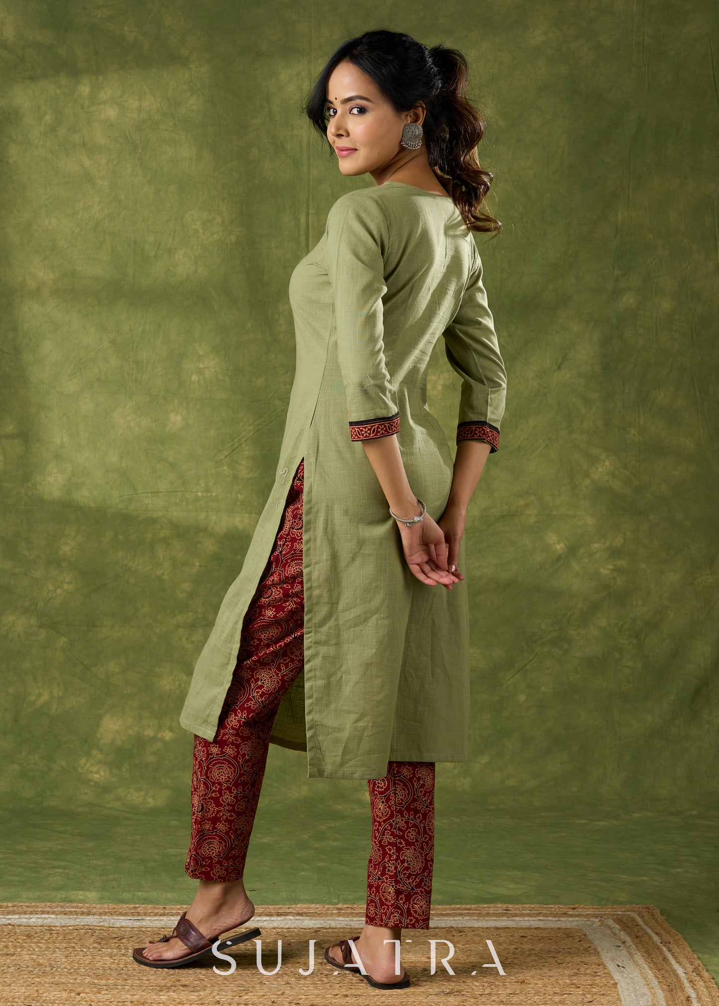 Dark Pista Cotton Ajrakh Combination Kurta - Pant Optional
