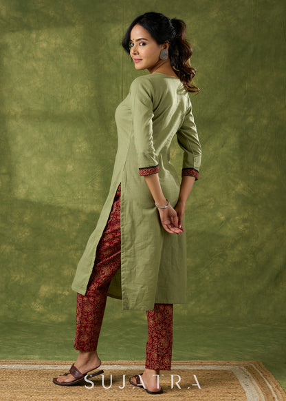 Dark Pista Cotton Ajrakh Combination Kurta - Pant Optional