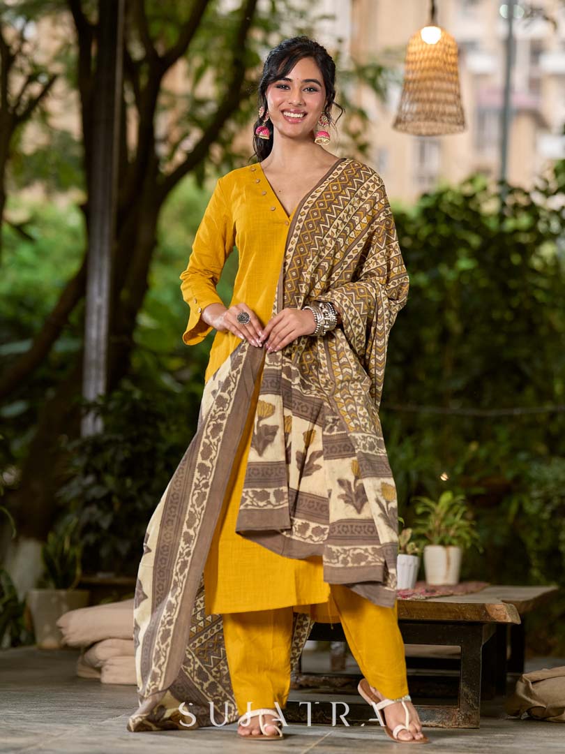 Bright Mustard Cotton Kurta with Classic V Neckline
