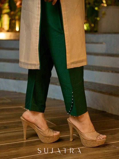 Chic Bottle Green Cotton Silk Tulip Cut Pant with Minimal Embellishment