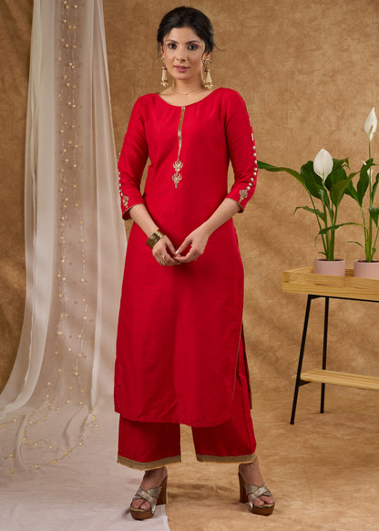 Stunning red cotton silk kurta adorned with intricate hand embroidery Pant optional
