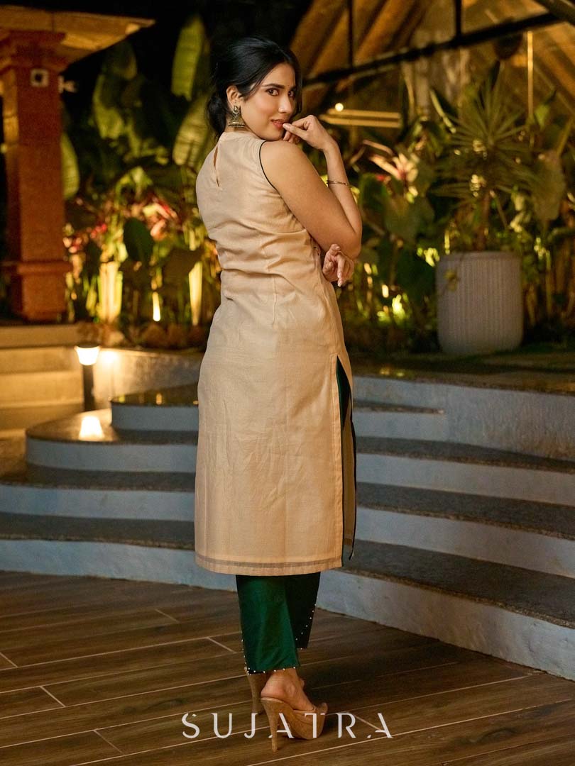 Chic Sleeveless Chanderi Beige Kurta with Minimal Floral Hand Embroidery