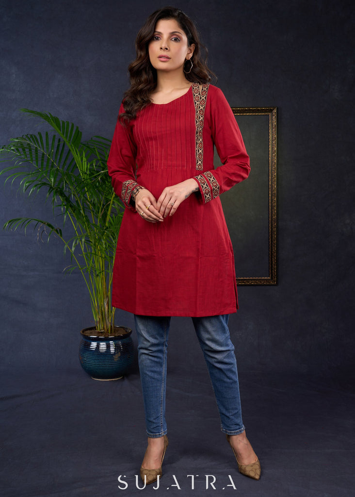 Maroon Cotton Tunic With Stylish Pin Tucks And Vibrant Ajrak Patterns.