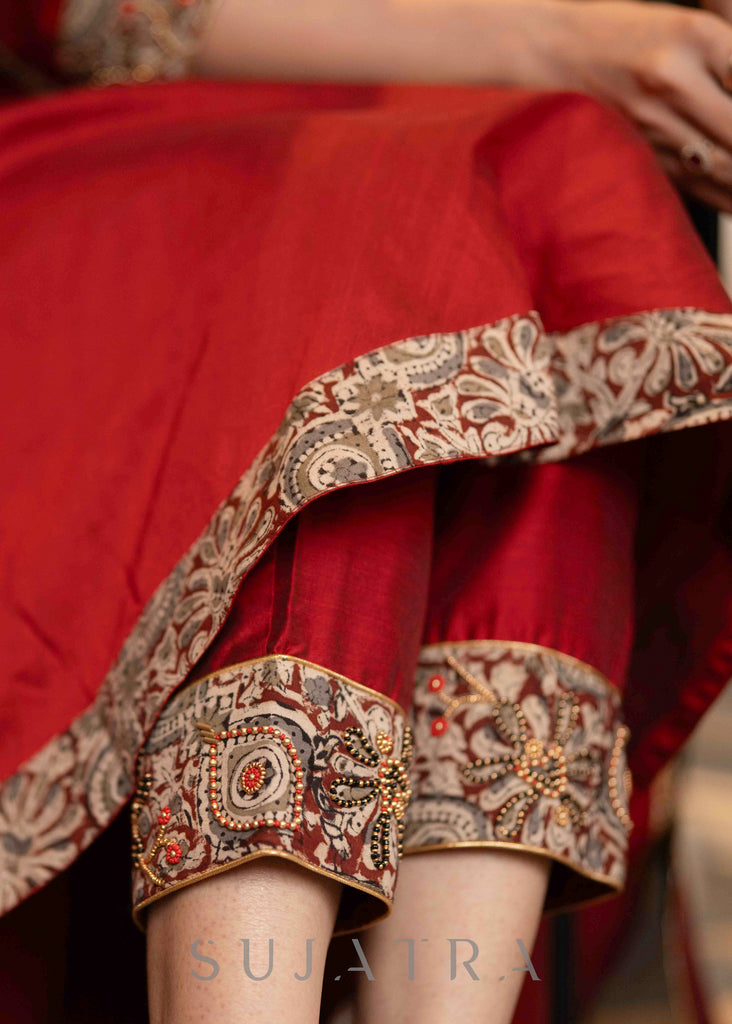 Beautiful Hand Embroidered Kalamkari Yoke Flared Kurta With Pant  - Georgette Dupatta Optional