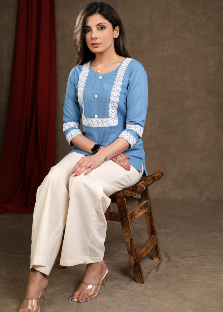 Smart Powder Blue Cotton Top with white Lace Detailing