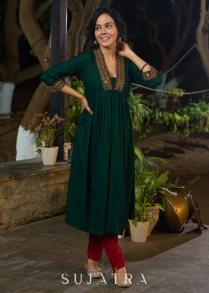 Lush Green Rayon Pleated Kurta Highlighted with Elegant Mirror Work