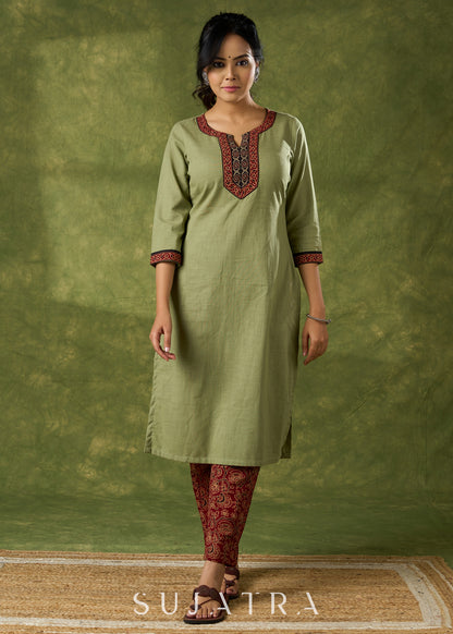Dark Pista Cotton Ajrakh Combination Kurta - Pant Optional