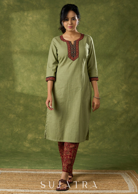 Dark Pista Cotton Ajrakh Combination Kurta - Pant Optional