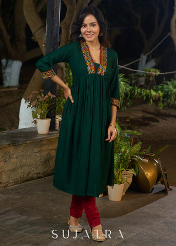 Lush Green Rayon Pleated Kurta Highlighted with Elegant Mirror Work