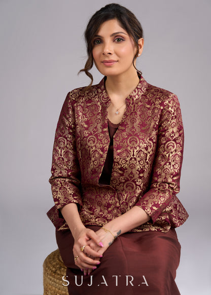 Regal Brown Brocade Peplum Blazer Jacket - Dress optional