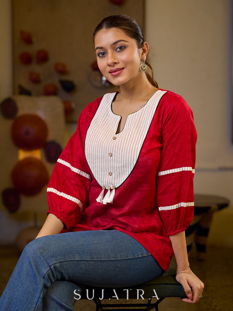 Regal Red Jacquard Woven Cotton Top with Traditional Kantha Striped Yoke Detail