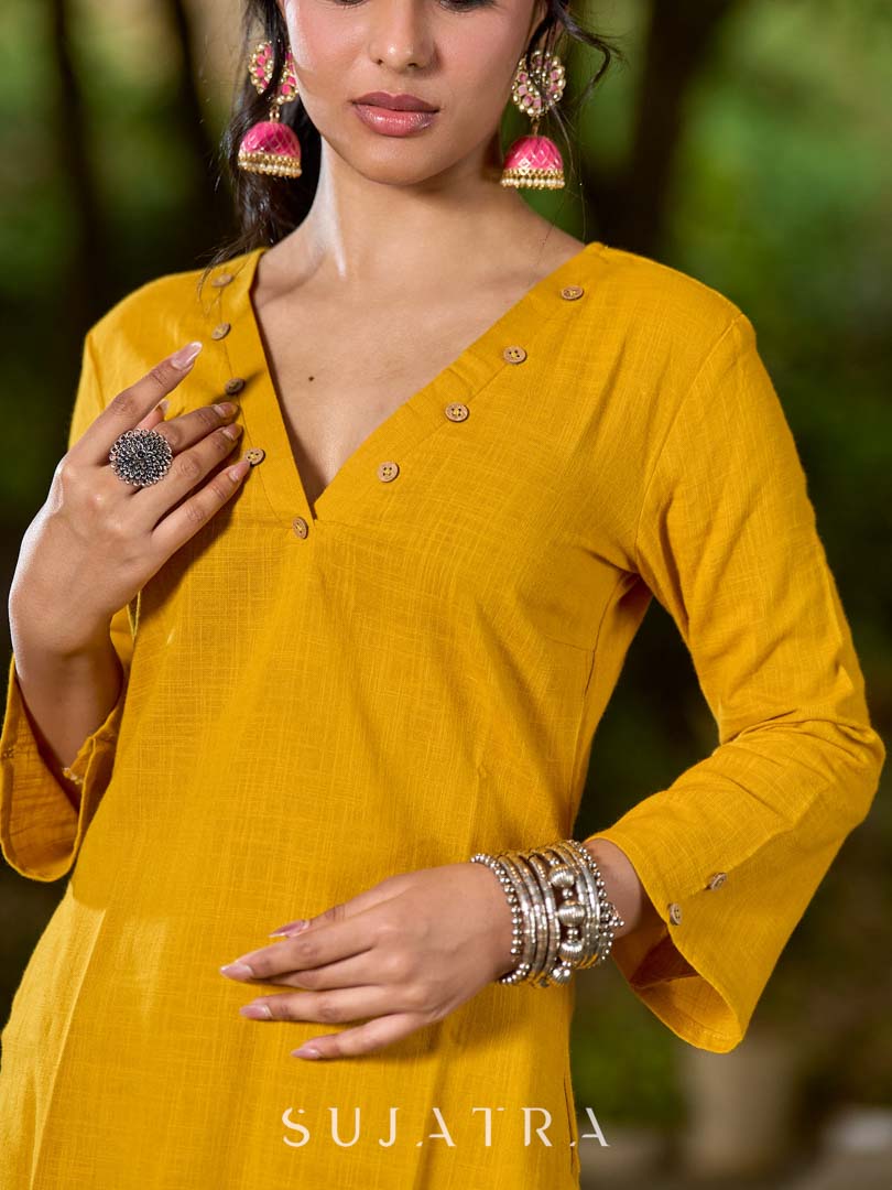 Mustard Cotton Kurta with V-Neck and Button Detailing