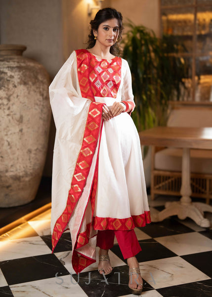 Exclusive Off White Organza Brocade Hand Embellished Flared Kurta And Pant - Dupatta Optional