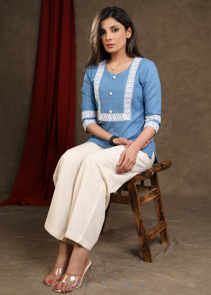 Smart Powder Blue Cotton Top with white Lace Detailing