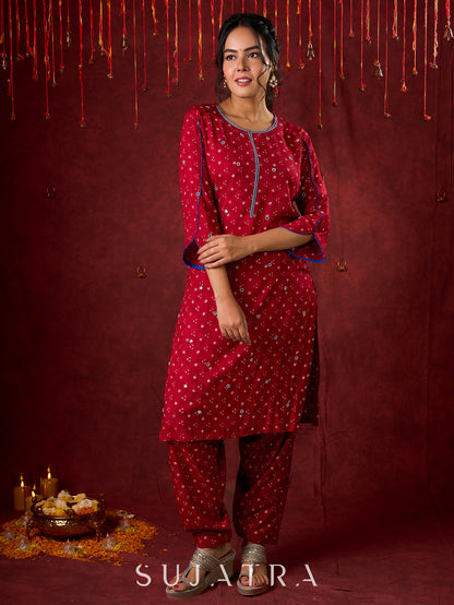 Hand-Embroidered Rayon Bandhani Kurta  - Salwar n applique dupatta optional.