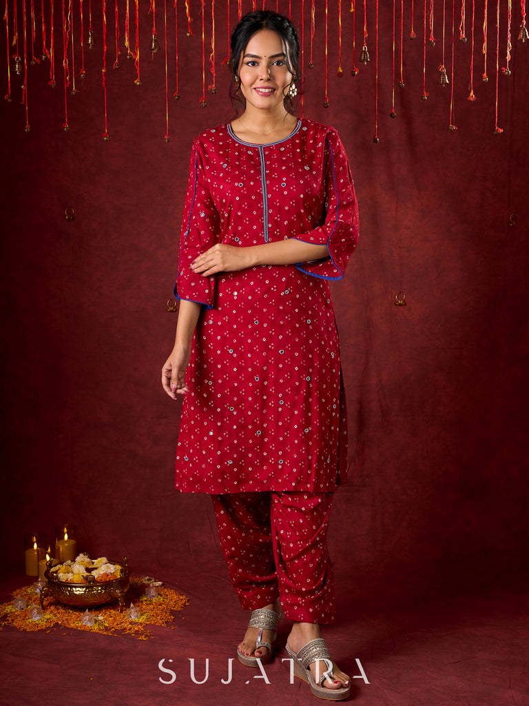 Hand-Embroidered Rayon Bandhani Kurta  - Salwar n applique dupatta optional.