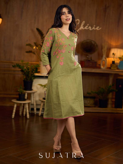 Muted pista hand block printed dress with delicate cascading hand block floral motifs and soft pink accents for a graceful, elegant, and refreshing everyday look.