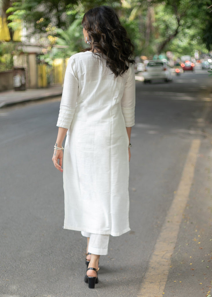 Trendy White Cotton Silk Straight Cut Kurta with White Bead Work on Neckline and Sleeves - Pant Optional
