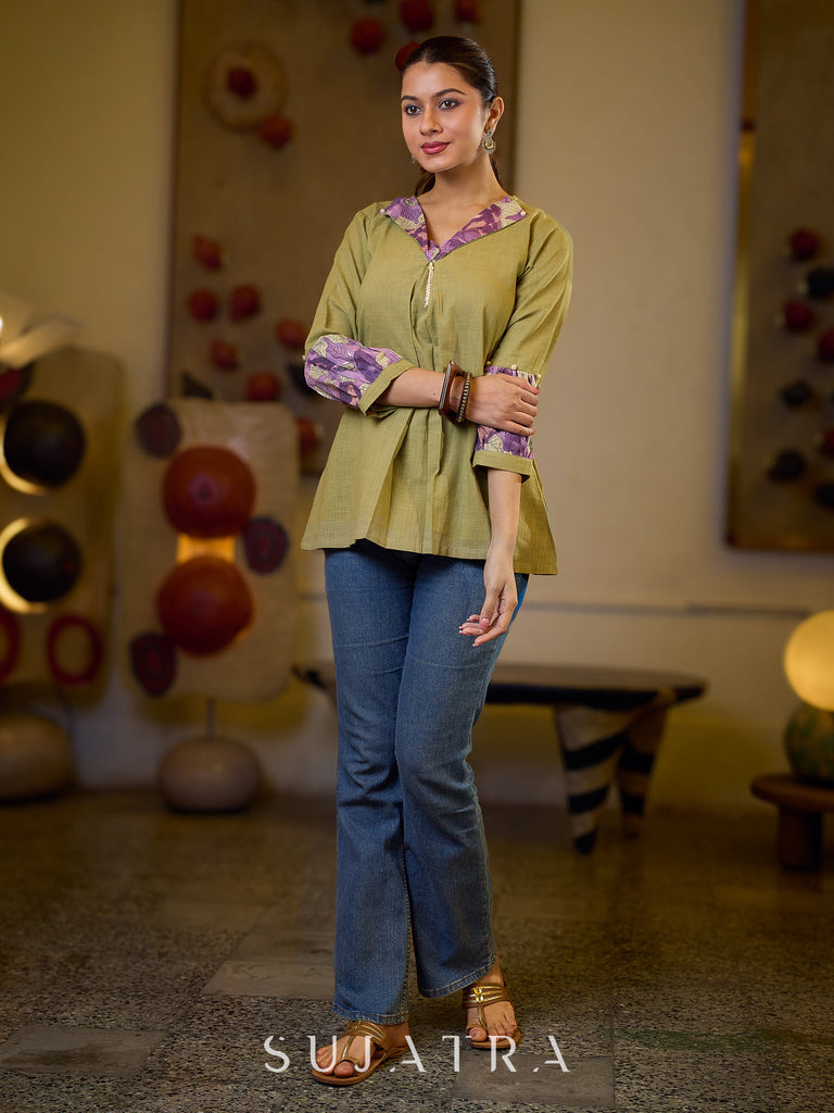 Sophisticated Sage Green Box Pleated Cotton Top with Contrasting Print Collar and Sleeves featuring Delicate Pearl Embellishments