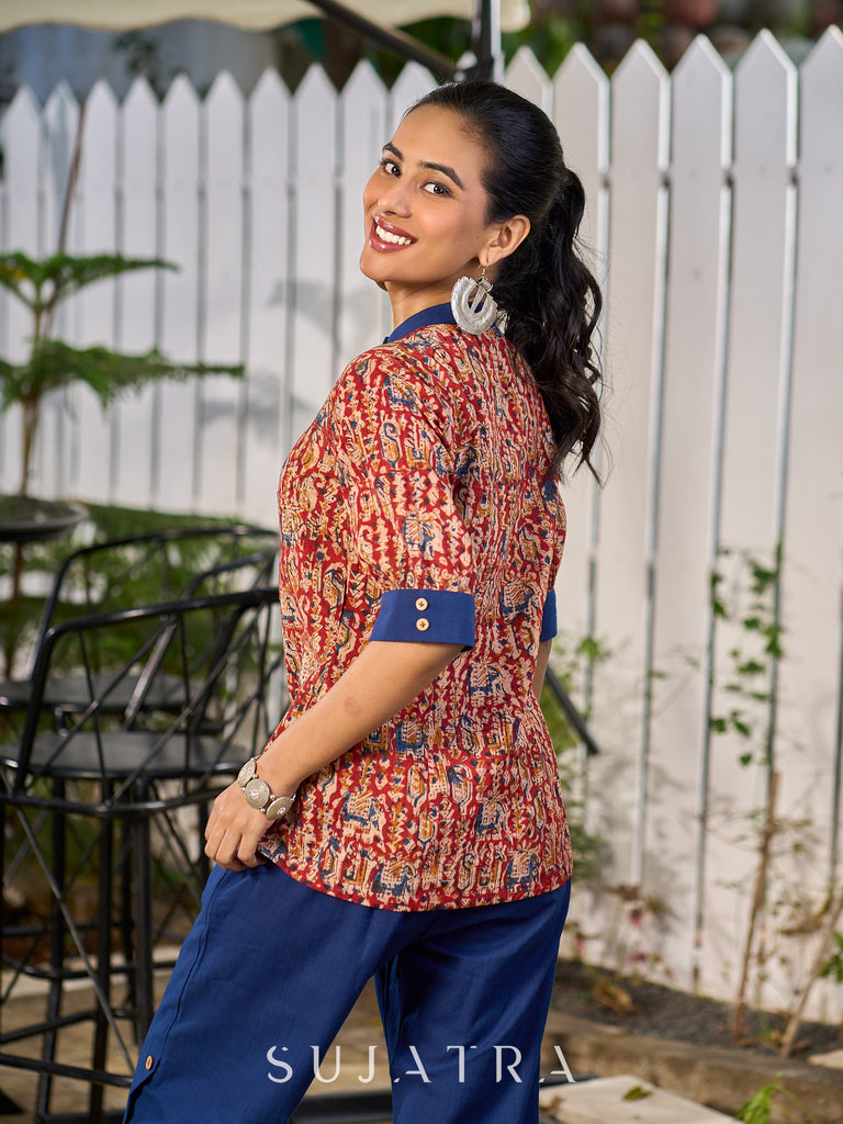 Maroon Handcrafted Kalamkari Print Cotton Shirt with Blue Highlights