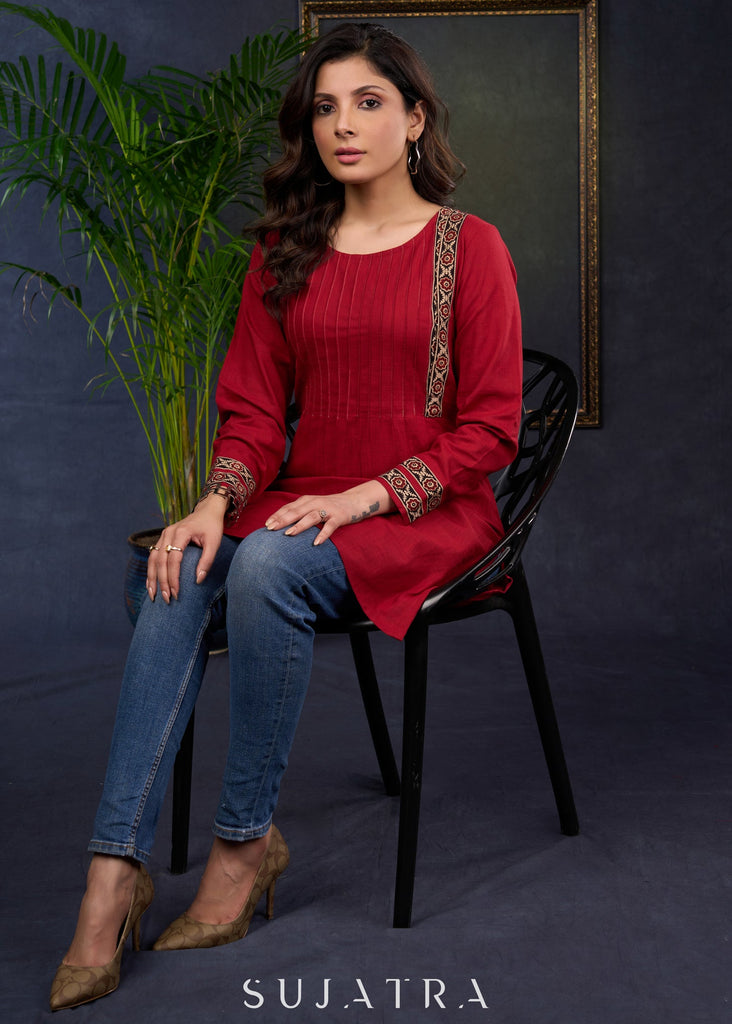 Maroon Cotton Tunic With Stylish Pin Tucks And Vibrant Ajrak Patterns.