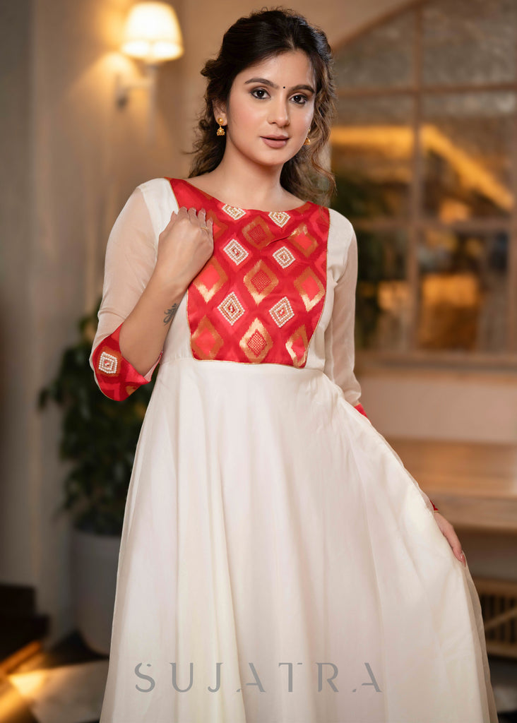 Exclusive Off White Organza Brocade Hand Embellished Flared Kurta And Pant - Dupatta Optional