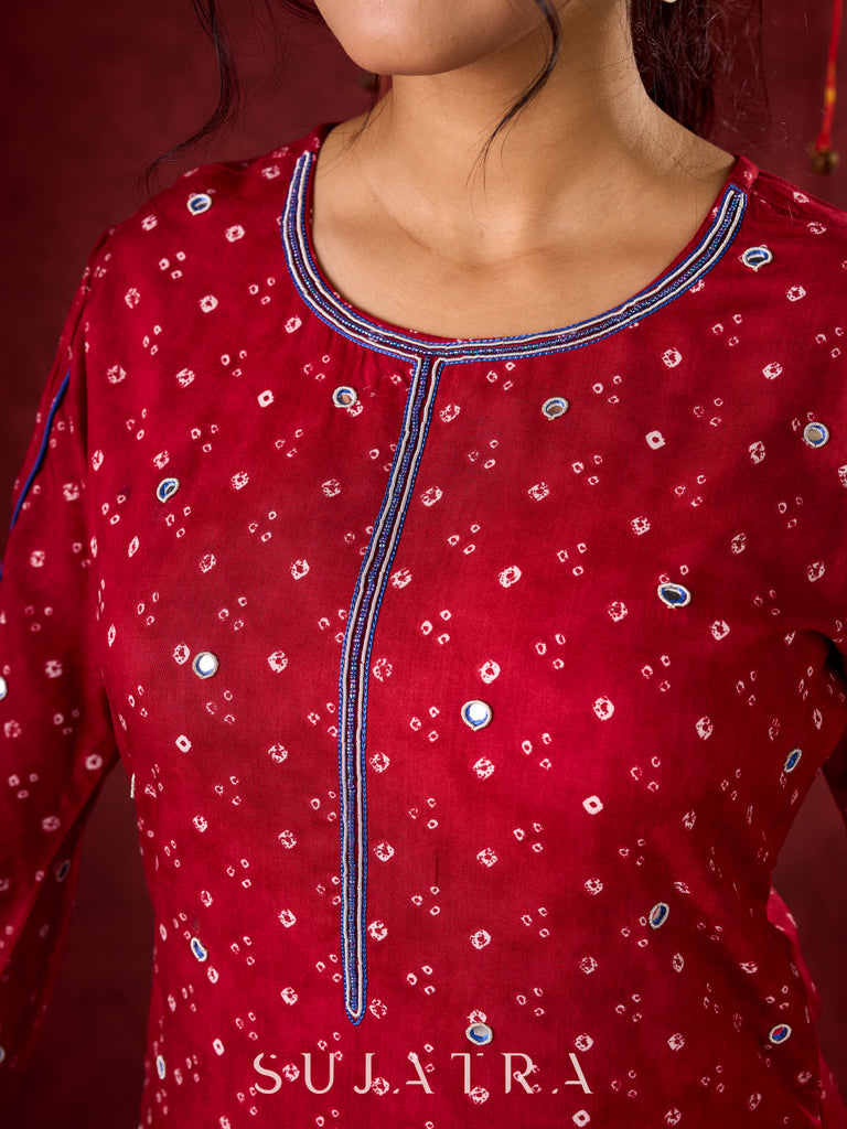 Hand-Embroidered Rayon Bandhani Kurta  - Salwar n applique dupatta optional.