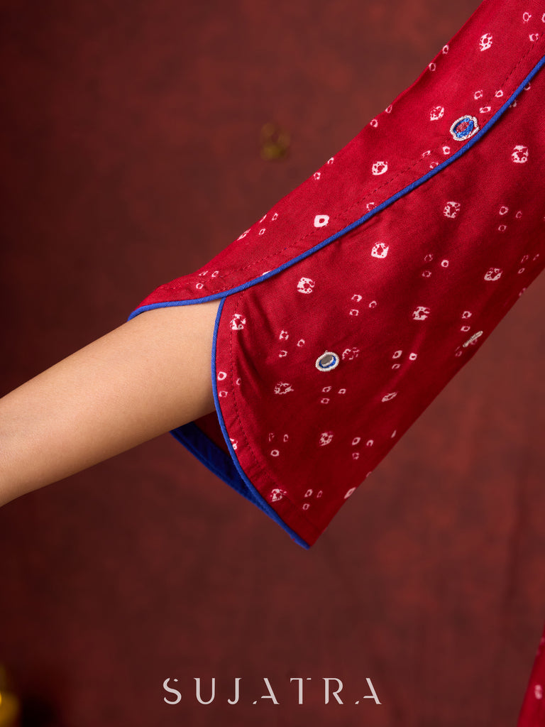 Hand-Embroidered Rayon Bandhani Kurta  - Salwar n applique dupatta optional.
