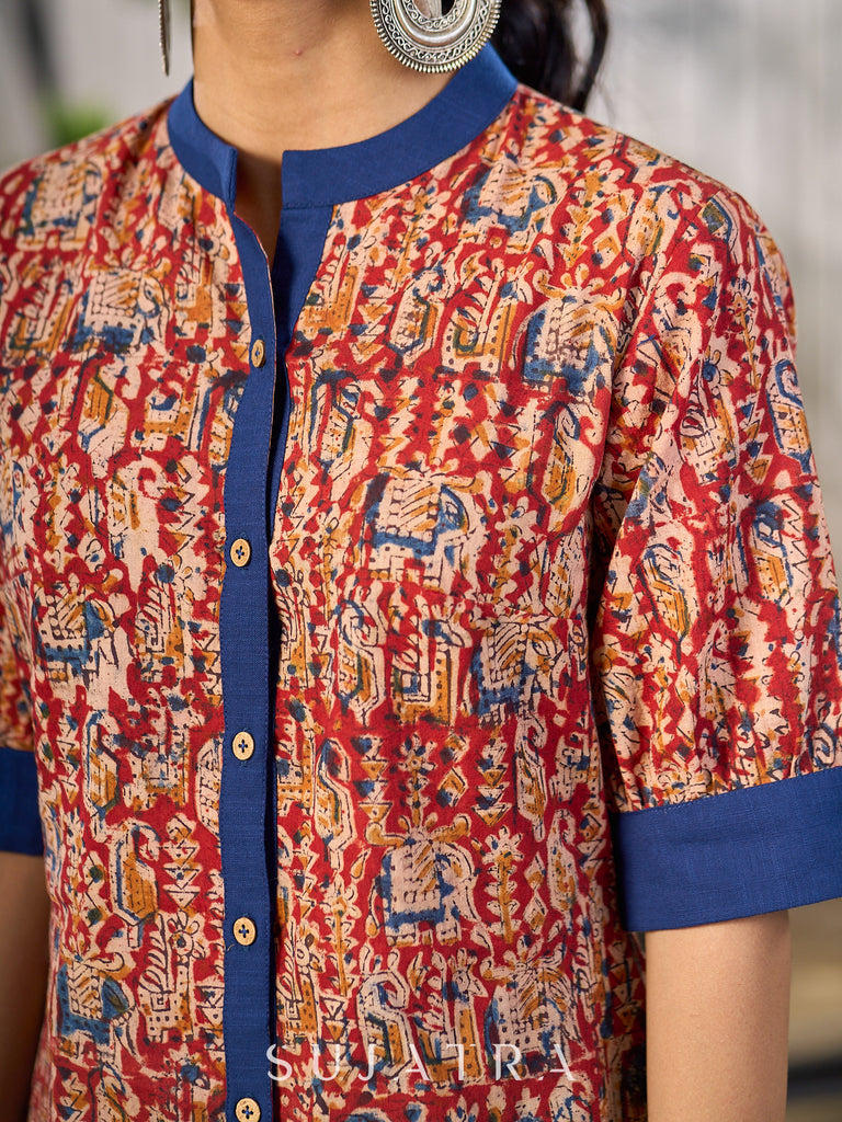 Maroon Handcrafted Kalamkari Print Cotton Shirt with Blue Highlights