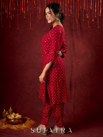 Hand-Embroidered Rayon Bandhani Kurta  - Salwar n applique dupatta optional.