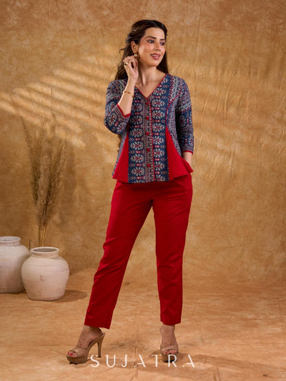 Classic navy blue printed jacket with flared panels and bold red accents, offering a structured yet dynamic silhouette with refined detailing, ideal for polished, elevated corporate styling.