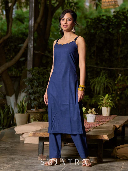 Midnight Blue Cotton Spaghetti Kurta with Adjustable Straps