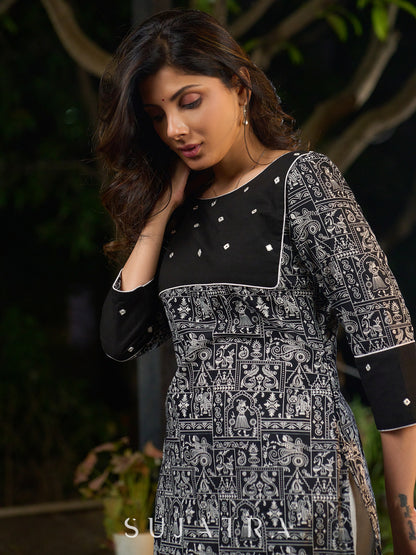Black Artisanal Printed Kurta with Sparkling Mirror Accents