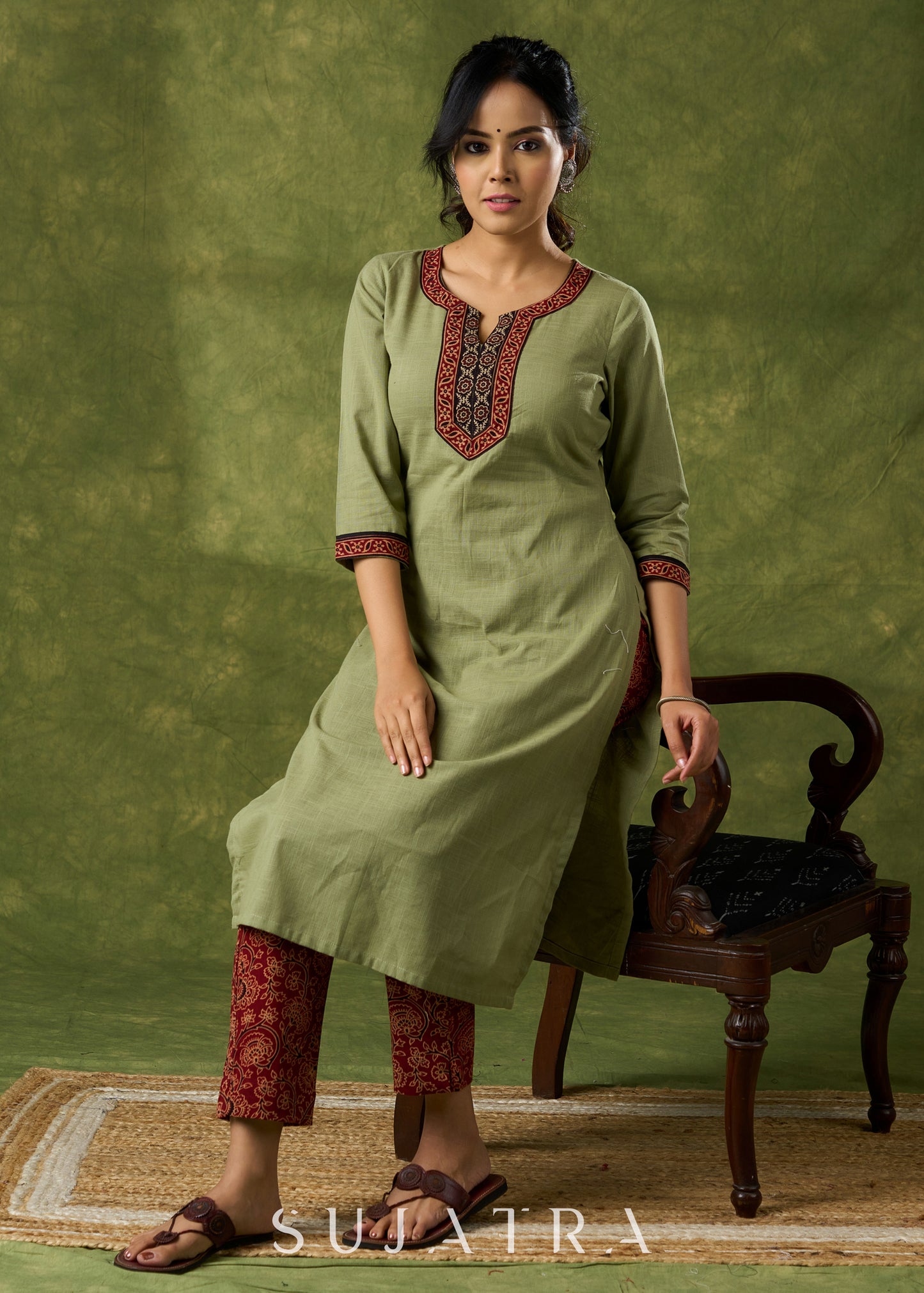 Dark Pista Cotton Ajrakh Combination Kurta - Pant Optional