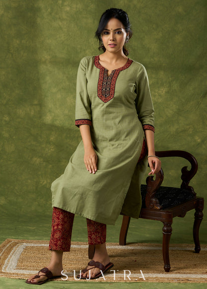 Dark Pista Cotton Ajrakh Combination Kurta - Pant Optional