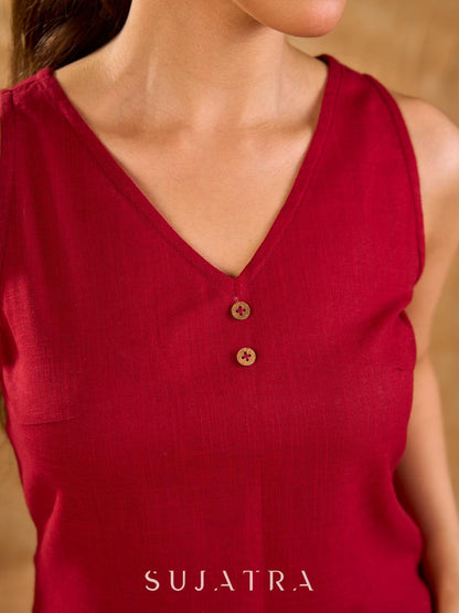 Striking Maroon Cotton Sleeveless V Neck Button Embellished Top