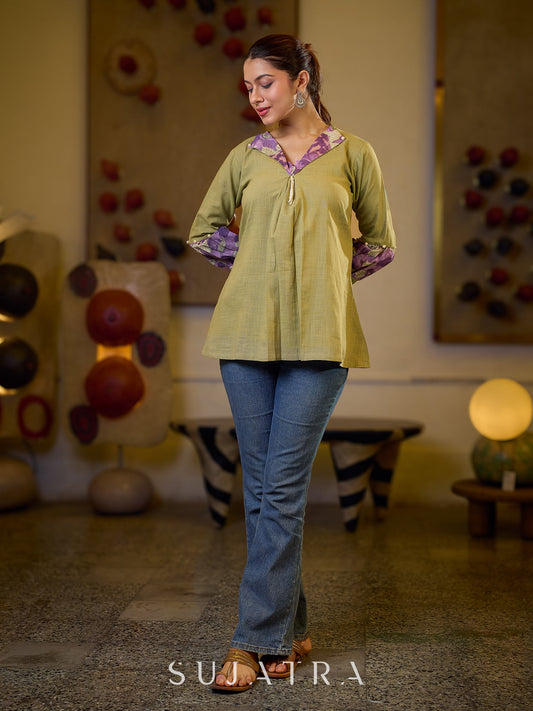 Sophisticated Sage Green Box Pleated Cotton Top with Contrasting Print Collar and Sleeves featuring Delicate Pearl Embellishments