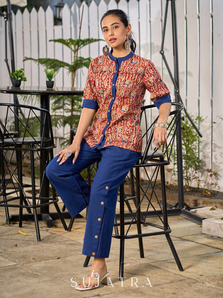 Maroon Handcrafted Kalamkari Print Cotton Shirt with Blue Highlights