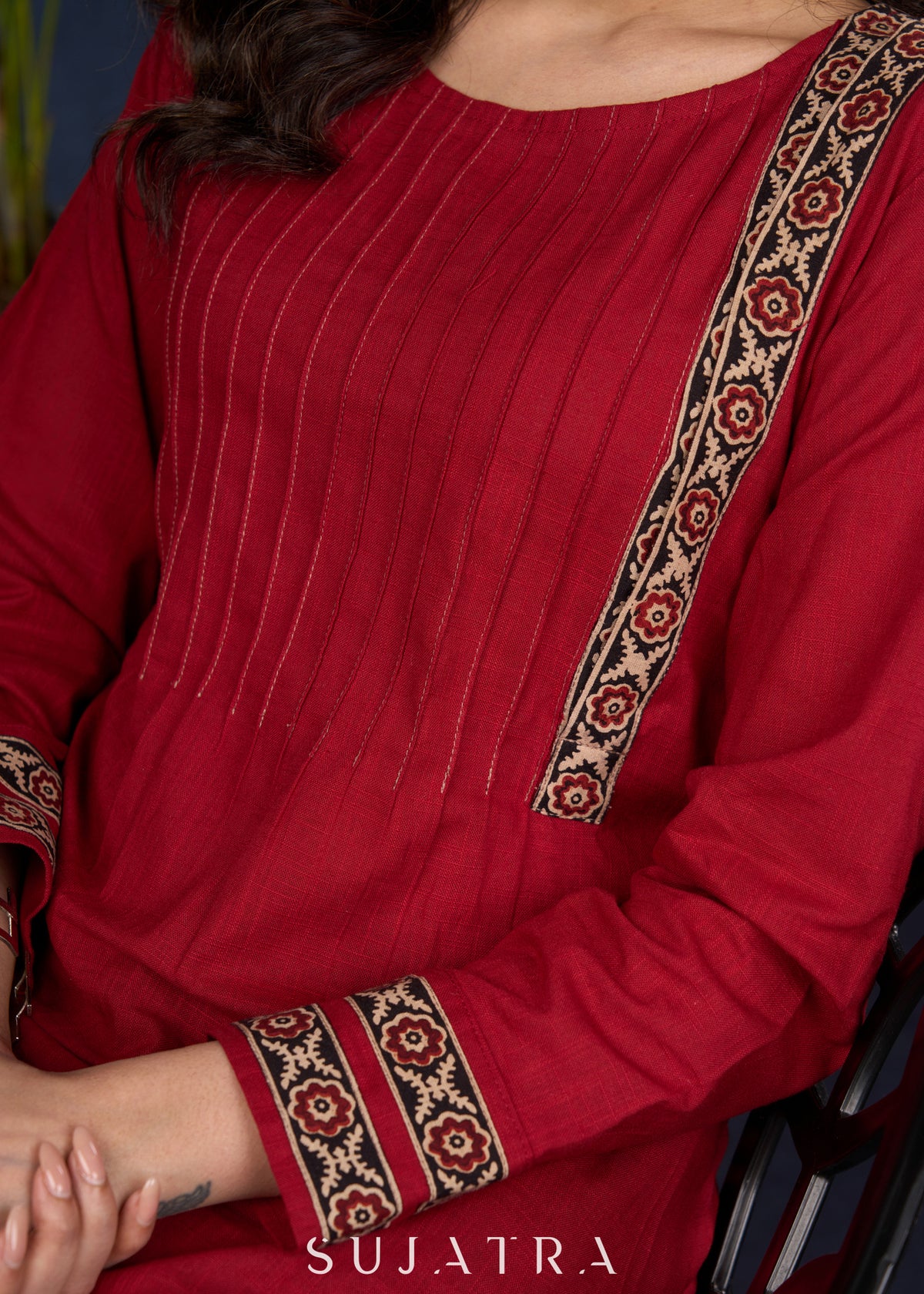 Dussehra Sale — Maroon Cotton Tunic With Stylish Pin Tucks And Vibrant Ajrak Patterns.