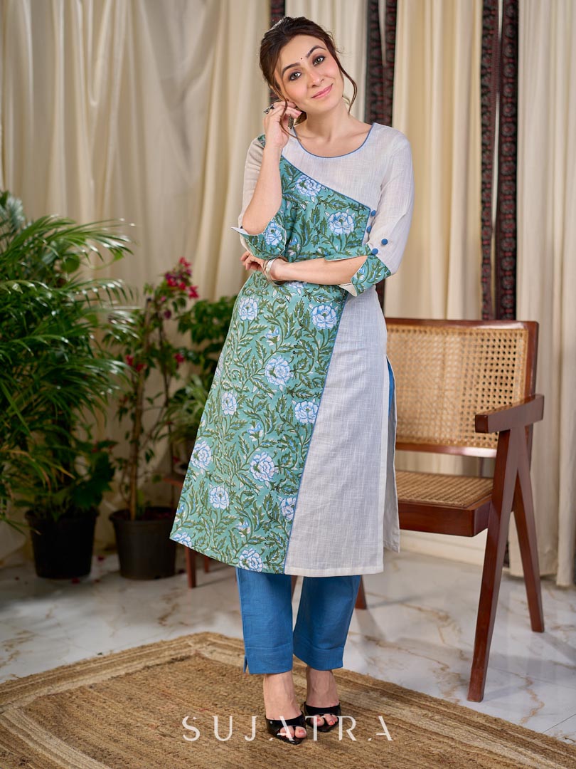 Breezy White Cotton Kurta with Green Floral Hand Block Print Asymmetric Panel and Cold Shoulder Accent
