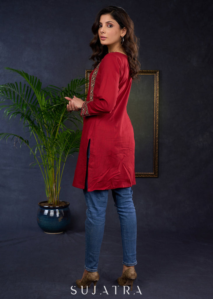 Maroon Cotton Tunic With Stylish Pin Tucks And Vibrant Ajrak Patterns.
