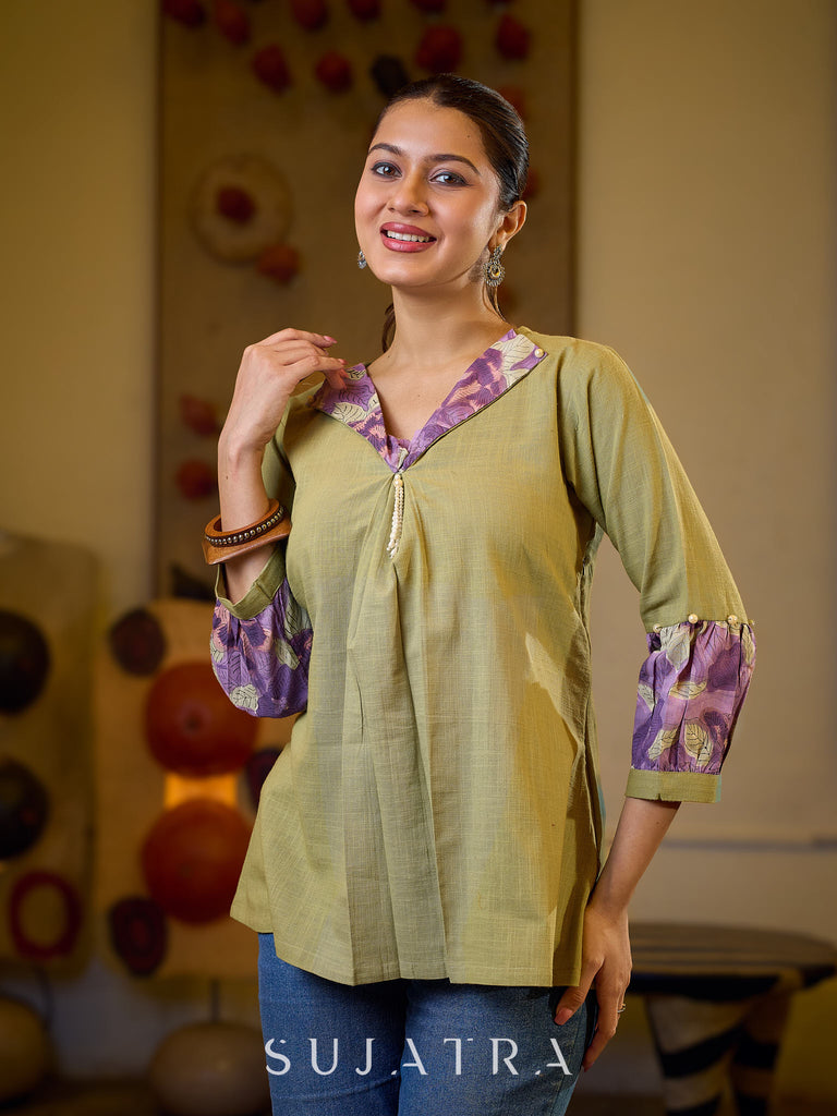 Sophisticated Sage Green Box Pleated Cotton Top with Contrasting Print Collar and Sleeves featuring Delicate Pearl Embellishments