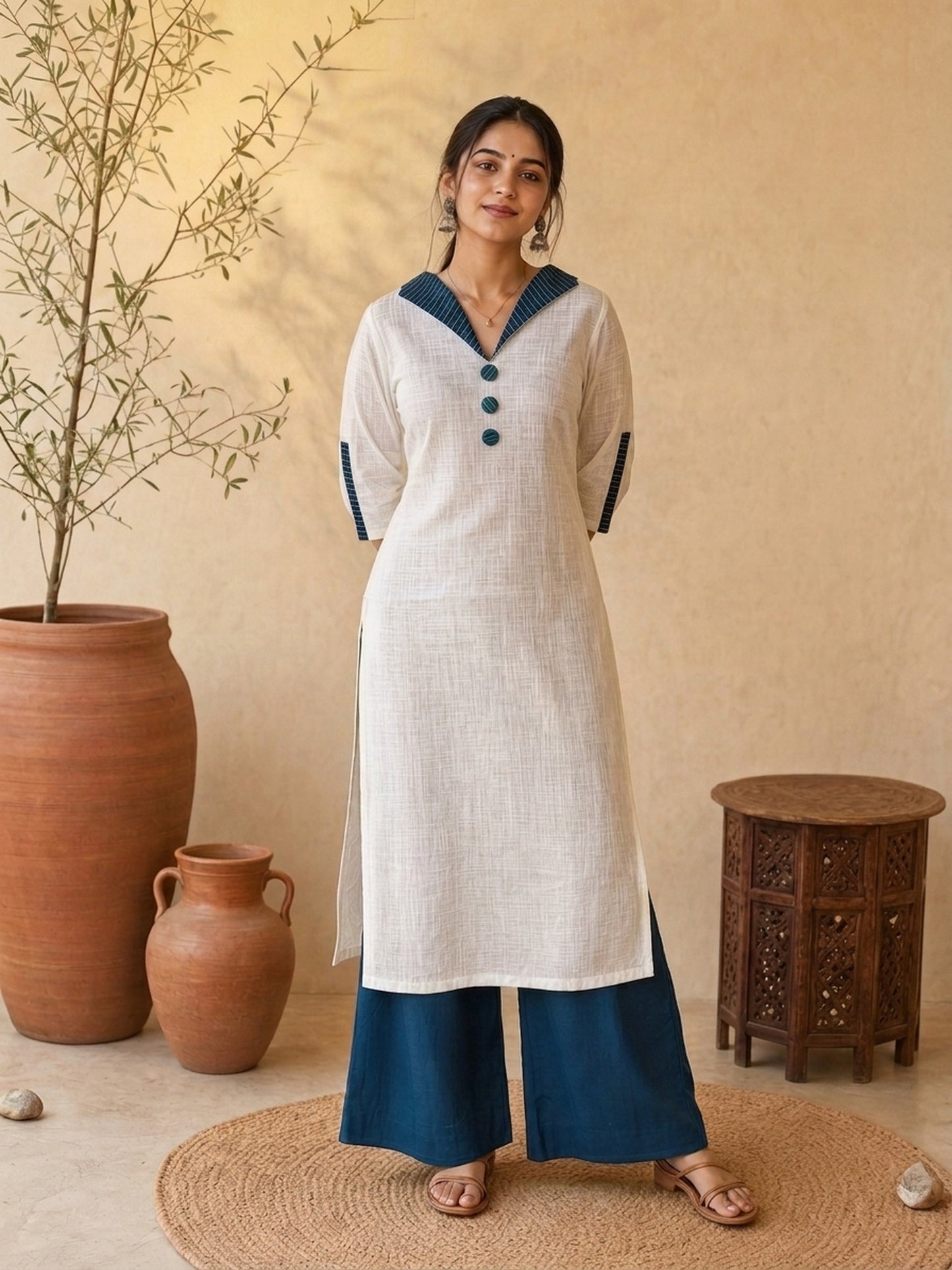 Simple Navy Cotton Flared Palazzo Pant