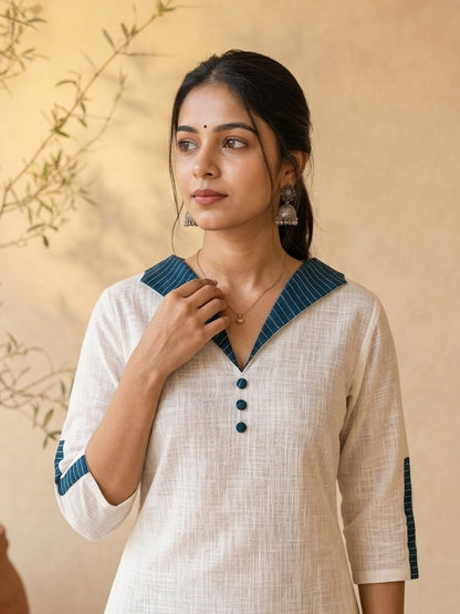 Timeless White Cotton Kurta with Blue Striped Ikat Spread Collar & Coordinated Sleeve Cuffs