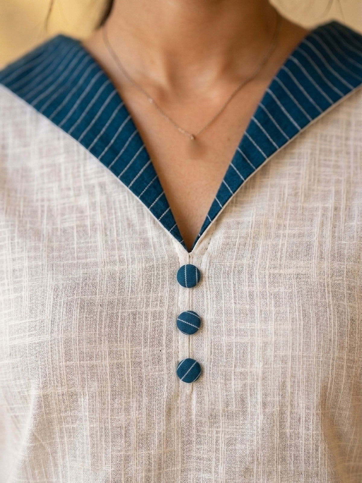 Dussehra Sale — Timeless White Cotton Kurta with Blue Striped Ikat Spread Collar & Coordinated Sleeve Cuffs - Pant Optional