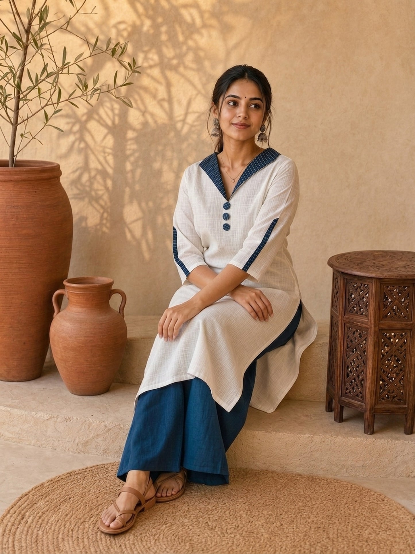 Timeless White Cotton Kurta with Blue Striped Ikat Spread Collar & Coordinated Sleeve Cuffs