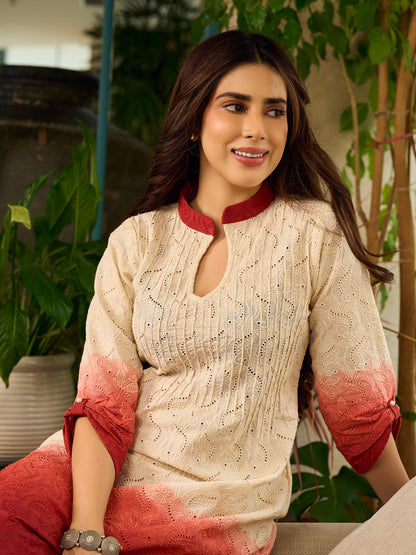 Chic cream-to-maroon ombré Hakoba dress with distinctively folded sleeves and collar.